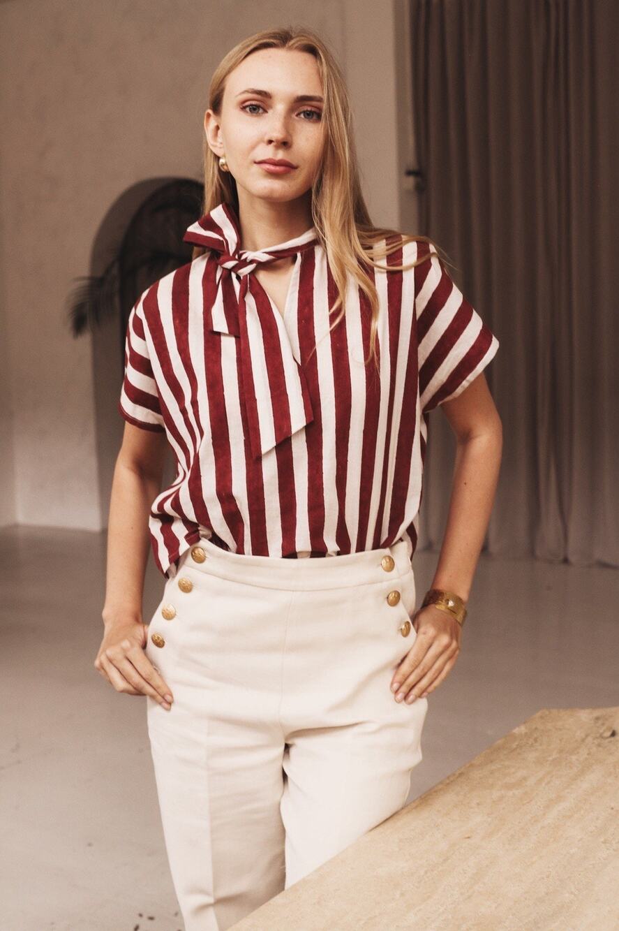 NWT Malabar Collective Red White Stripe MIA Shirt Tie Neck XS/s